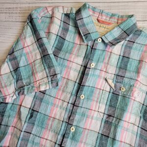 Tommy Bahama Shirt Mens XLX Plaid Linen Island Modern Fit Short Sleeve Blue Pink